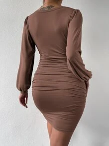 Almamuse Đầm Xù màu trơn Gợi cảm - Cà phê nâu - Xem 2