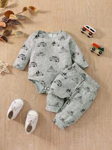 男嬰汽車印花連體衣和運動褲 - 灰色 - 查看 1
