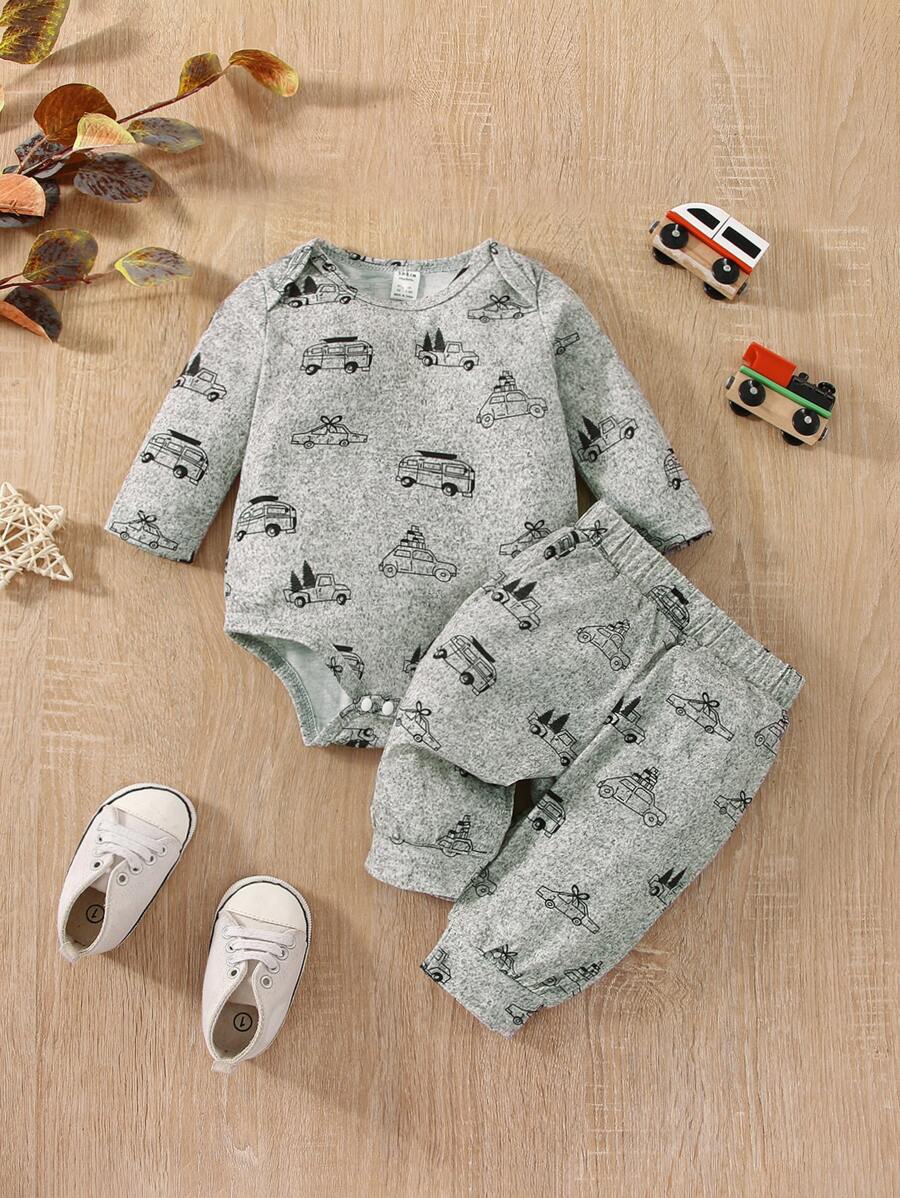 男嬰汽車印花連體衣和運動褲 - 灰色 - 查看 1