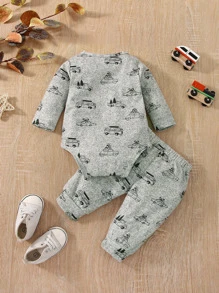 男嬰汽車印花連體衣和運動褲 - 灰色 - 查看 2