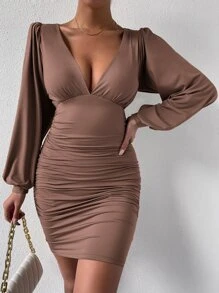 Almamuse Đầm Xù màu trơn Gợi cảm - Cà phê nâu - Xem 4