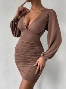 Almamuse Đầm Xù màu trơn Gợi cảm - Cà phê nâu - Xem 5