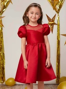 少女華麗優雅泡泡袖純色公主裙,1 件 - 紅色 - 查看 1