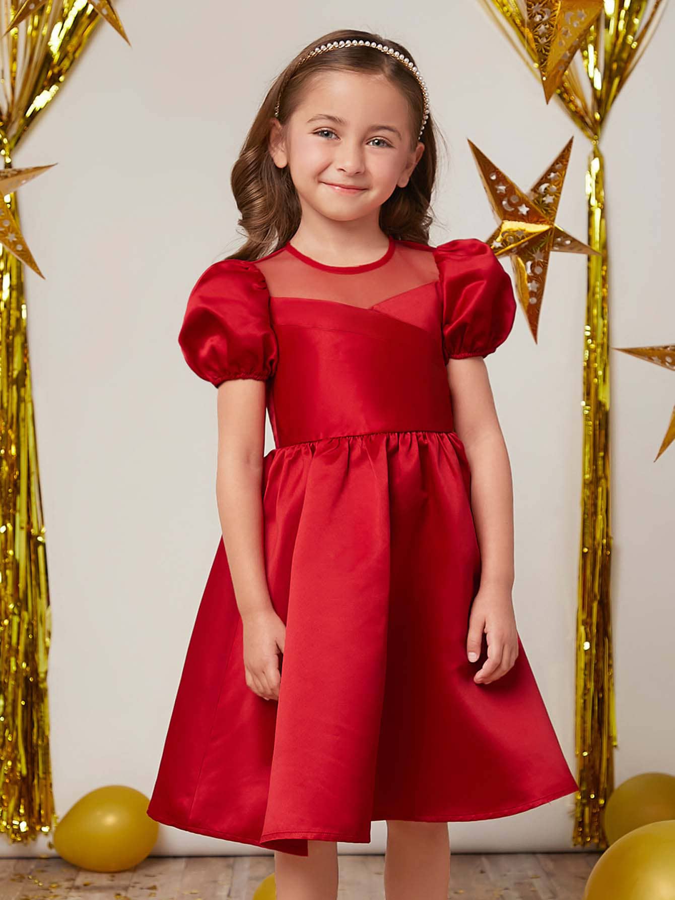 少女華麗優雅泡泡袖純色公主裙,1 件 - 紅色 - 查看 1