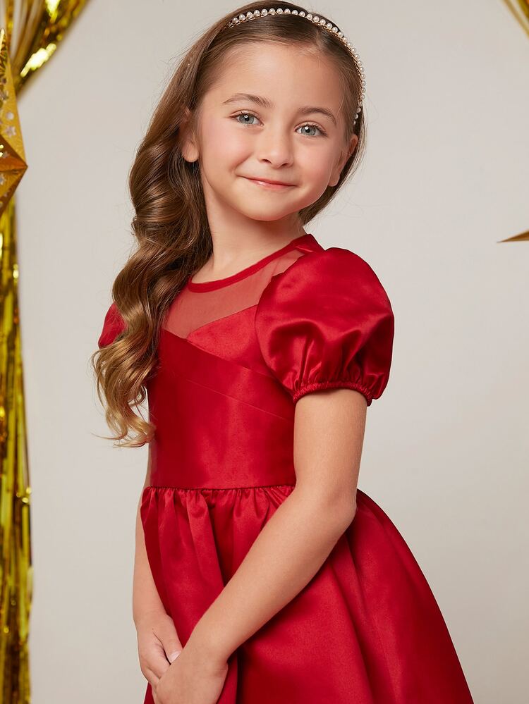 Young Girl Gorgeous Elegant Puff Sleeve Solid Color Princess Dress, 1pc - Red - View 3