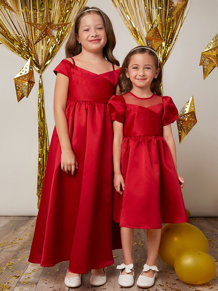 Young Girl Gorgeous Elegant Puff Sleeve Solid Color Princess Dress, 1pc - Red - View 4