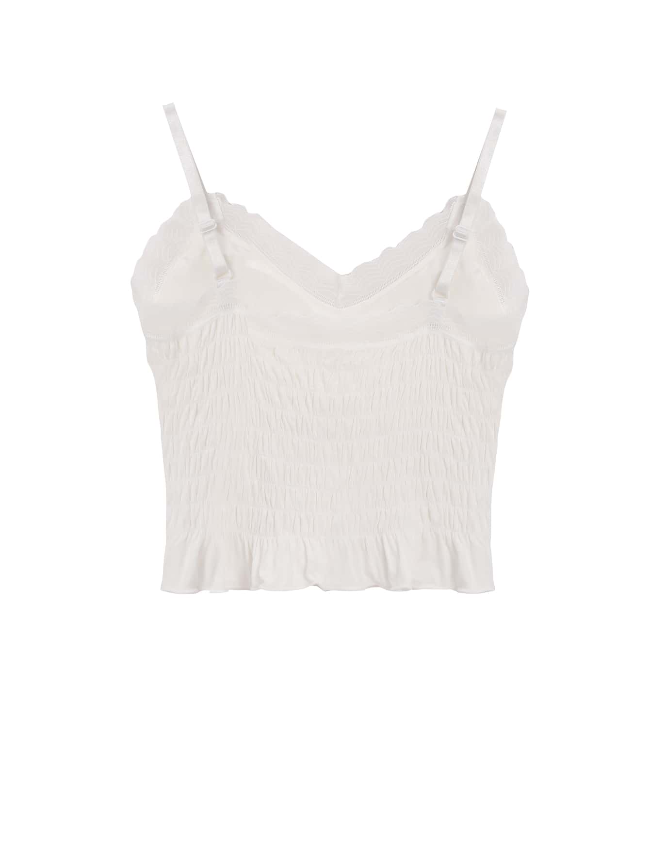 Lace Trim Shirred Crop Cami Top - White - View 2