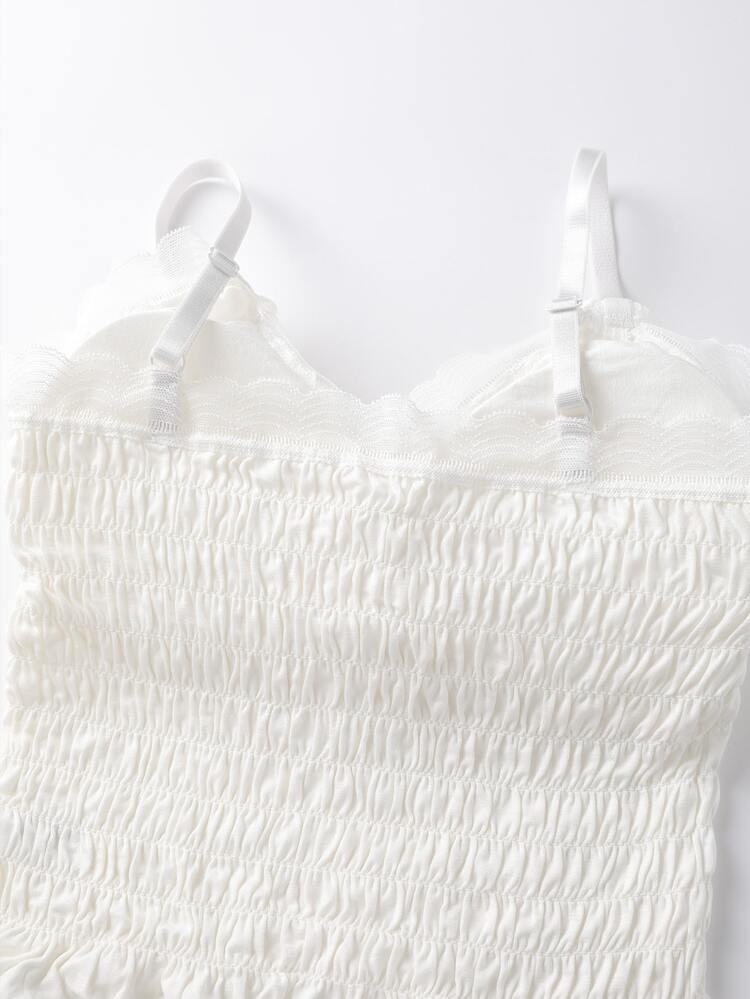 Lace Trim Shirred Crop Cami Top - White - View 3