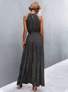 Breezaya Đầm Thắt lưng Cắt ra Viên lá sen Chấm bi Boho - màu đen - Xem 2