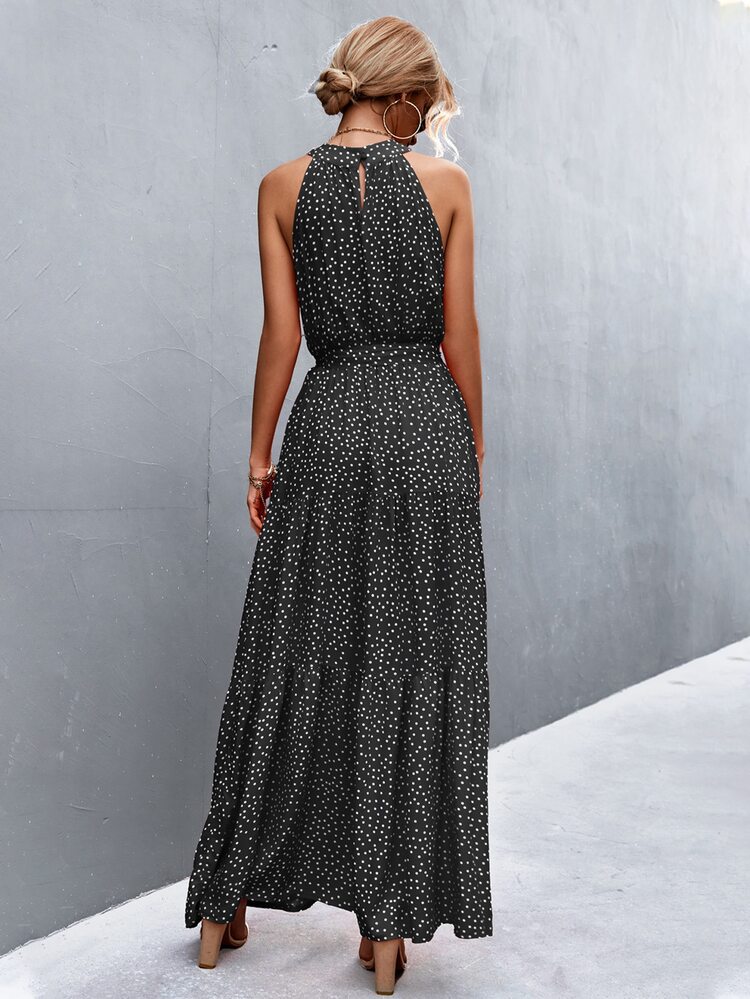 Breezaya Đầm Thắt lưng Cắt ra Viên lá sen Chấm bi Boho - màu đen - Xem 2