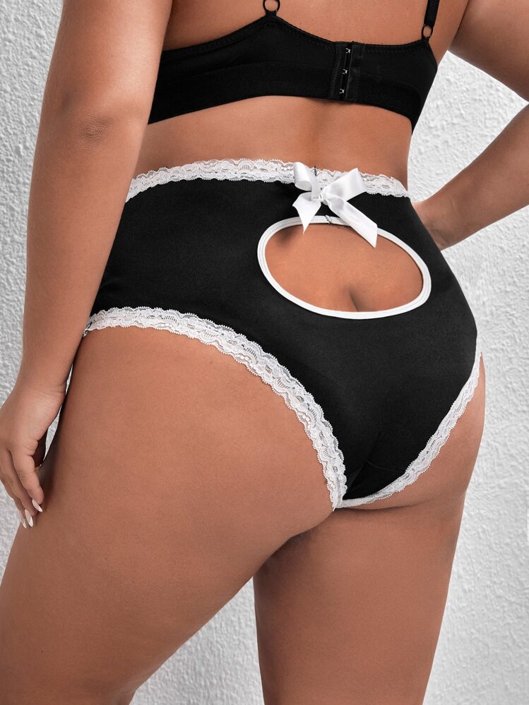 Bragas con encaje en contraste con abertura con lazo trasero - Negro - Añade 1