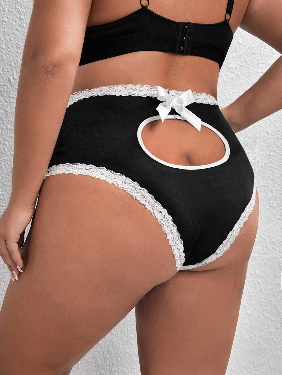 Plus Contrast Lace Cut Out Bow Back Panty - Black - View 1