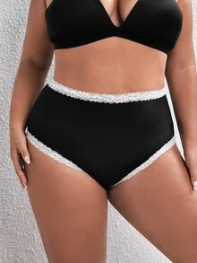 Plus Contrast Lace Cut Out Bow Back Panty - Black - View 2