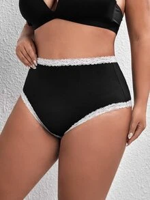 Plus Contrast Lace Cut Out Bow Back Panty - Black - View 3