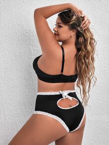 Plus Contrast Lace Cut Out Bow Back Panty - Black - View 5