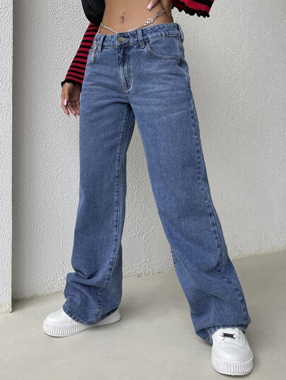 Chain Detail Wide Leg Jeans, Fall Women Clothes
