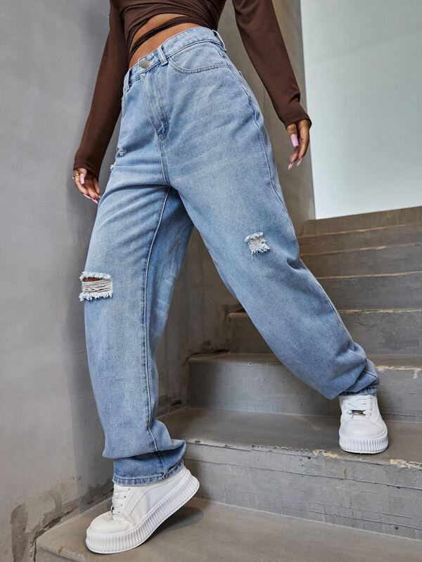 SHEIN EZwear High Waisted Ripped Jeans SHEIN USA