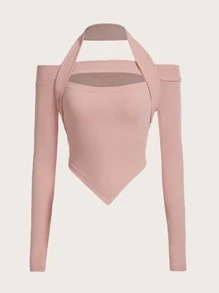 SHEIN ICON Cut Out Front Halter Neck Hanky Hem Tee - Baby Pink - View 1