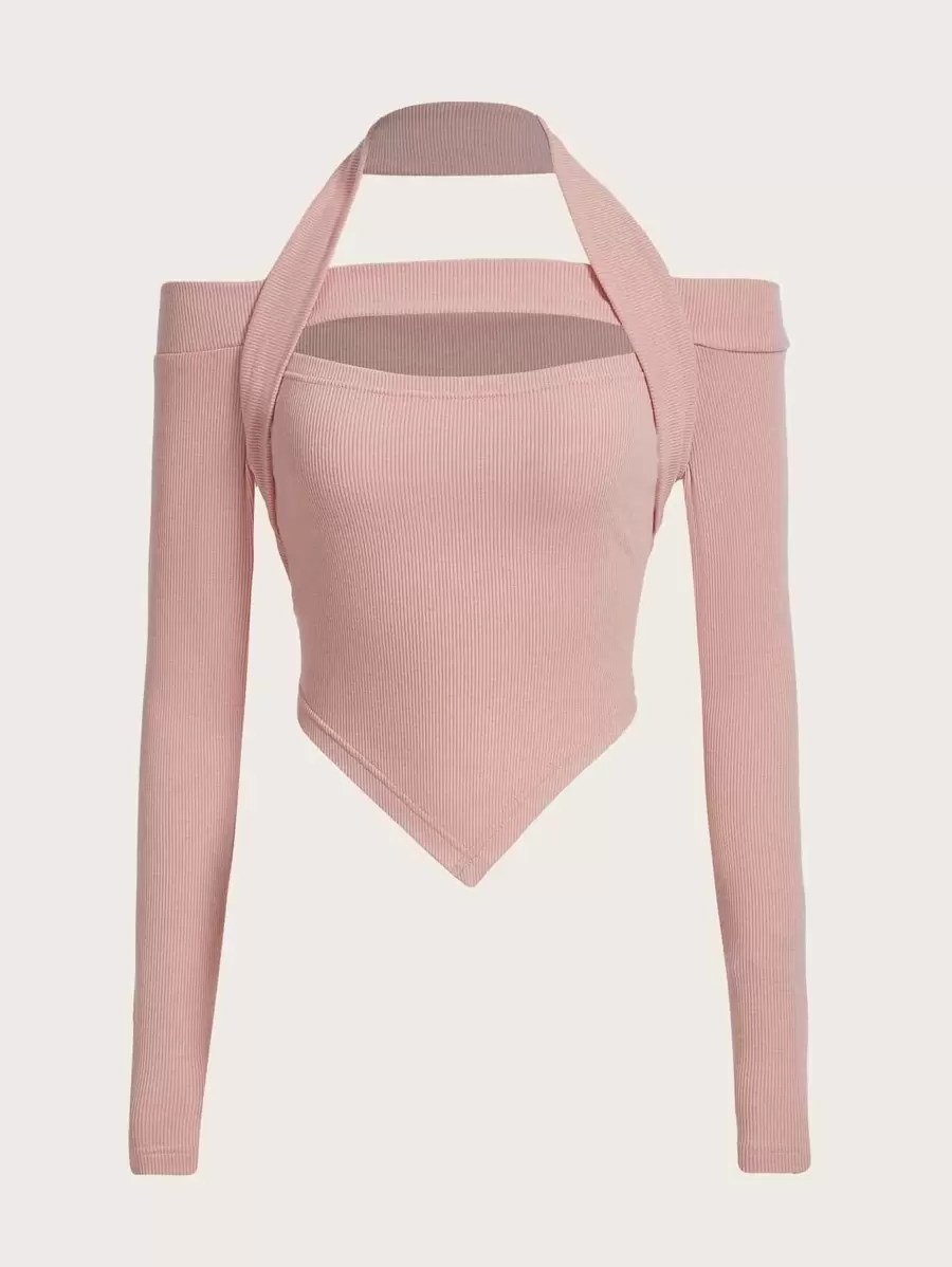 SHEIN ICON Cut Out Front Halter Neck Hanky Hem Tee - Baby Pink - View 1