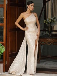 LOVE&LEMONADE Bridesmaid Dresses Backless Diikat Zip Split Thigh Plain Glamor - Perak - View 6