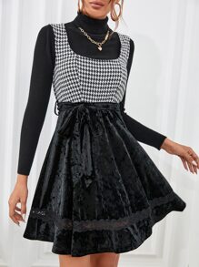 Đầm Thắt lưng Tương phản ren răng cưa Thanh lịch - Đen và trắng - Xem 1