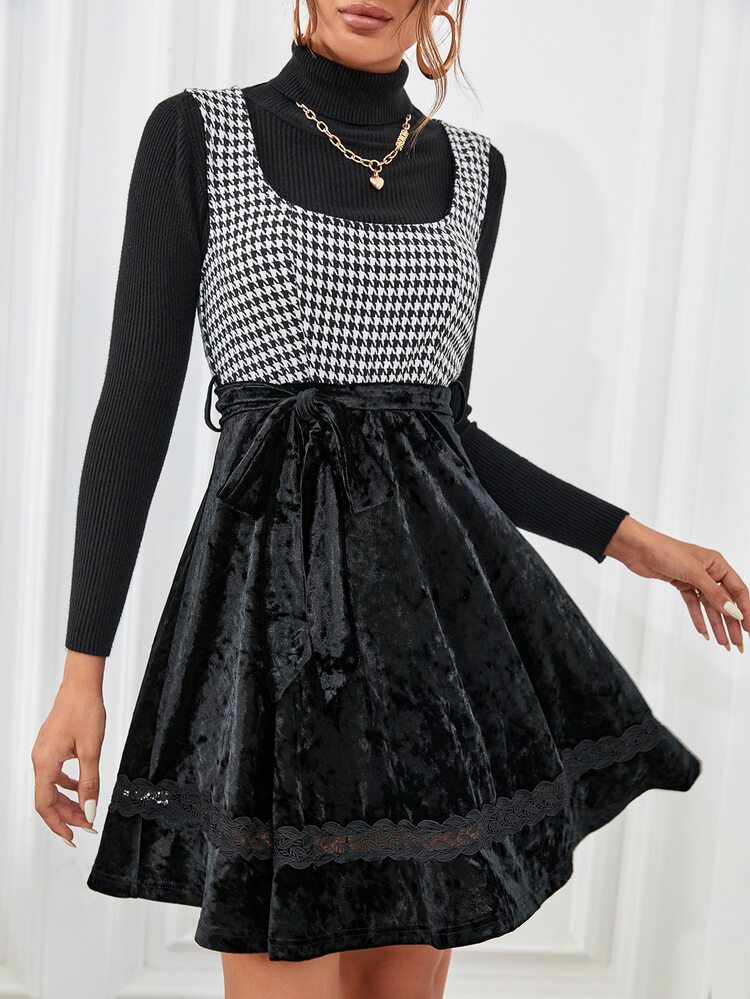 千鳥格印花無袖腰帶絲絨連衣裙不帶上衣 - 黑與白 - 查看 1