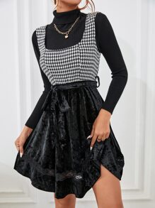 Đầm Thắt lưng Tương phản ren răng cưa Thanh lịch - Đen và trắng - Xem 3