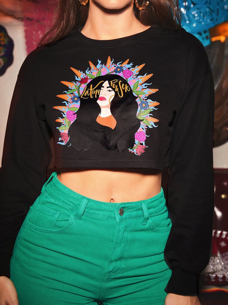 Latina Love 人像圖案短款運動衫 - 黑色 - 查看 1