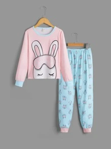 女孩標語和卡通圖案撞色滾邊睡衣套裝 - 彩色 - 查看 1