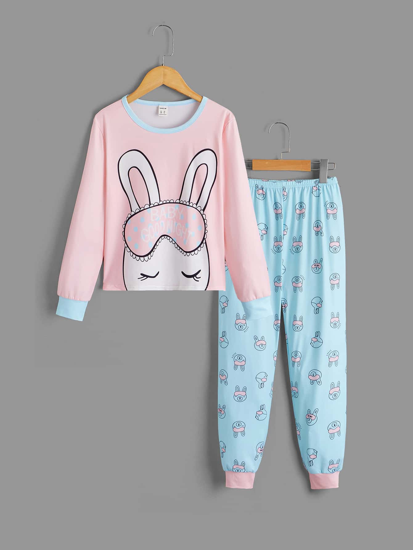 女孩標語和卡通圖案撞色滾邊睡衣套裝 - 彩色 - 查看 1