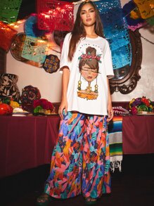 Latina Love 標語和人物圖案落肩袖超大號T恤 - 白色 - 查看 1