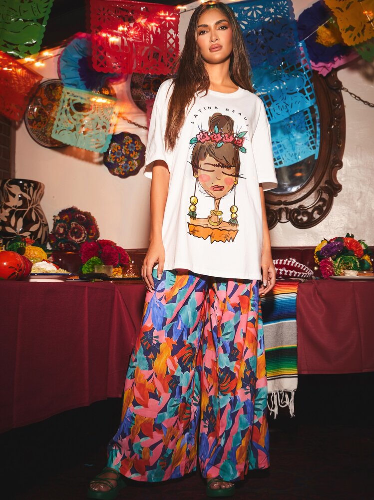 Latina Love 標語和人物圖案落肩袖超大號T恤 - 白色 - 查看 1