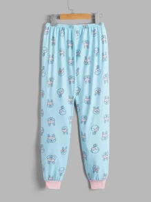 女孩標語和卡通圖案撞色滾邊睡衣套裝 - 彩色 - 查看 2