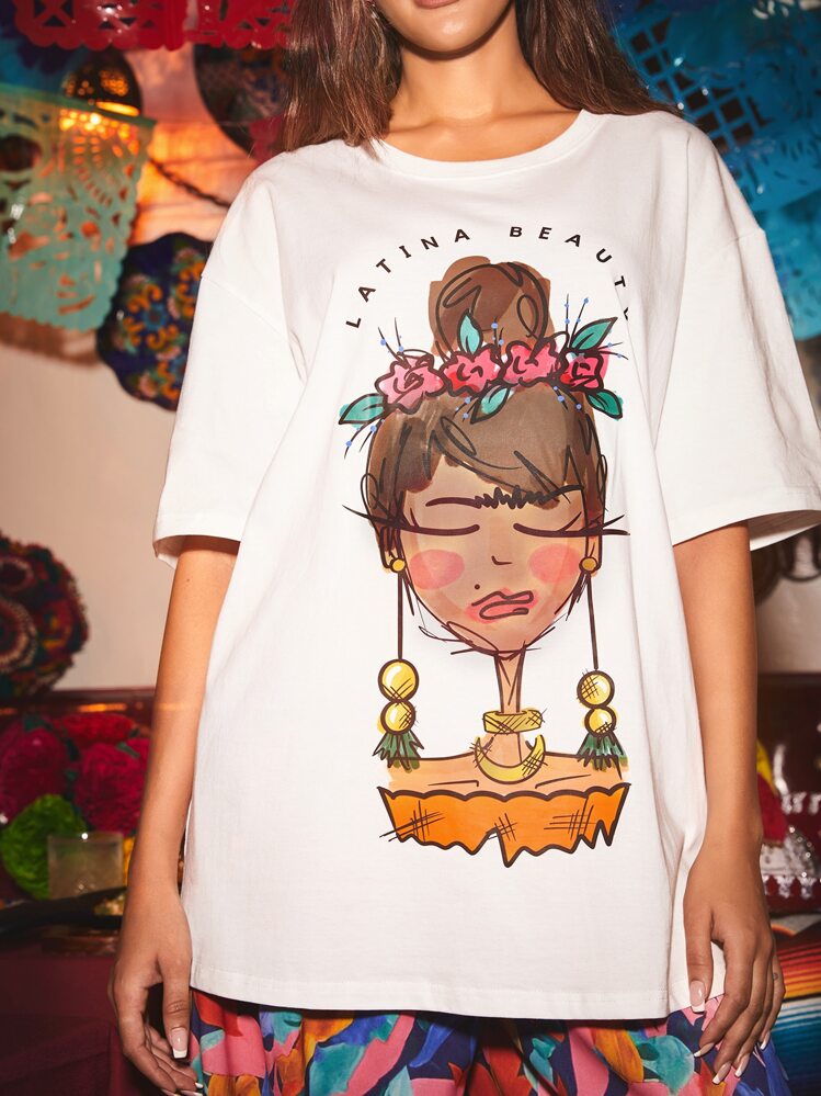 Latina Love 標語和人物圖案落肩袖超大號T恤 - 白色 - 查看 2