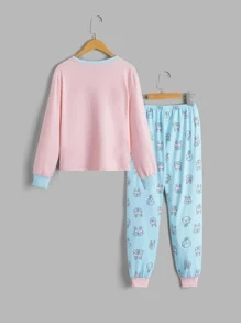 女孩標語和卡通圖案撞色滾邊睡衣套裝 - 彩色 - 查看 4