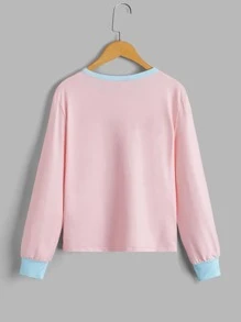 女孩標語和卡通圖案撞色滾邊睡衣套裝 - 彩色 - 查看 5