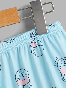 女孩標語和卡通圖案撞色滾邊睡衣套裝 - 彩色 - 查看 7