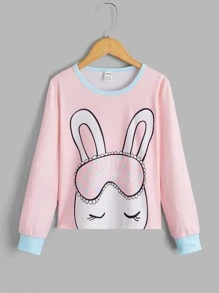 女孩標語和卡通圖案撞色滾邊睡衣套裝 - 彩色 - 查看 8