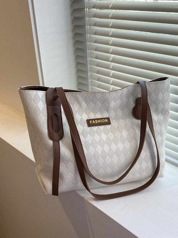 防水、轻便、商务休闲、大容量格子压花字母贴片细节单肩托特包，母亲节礼物，适合妈妈、少女、女大学生、新秀和白领工作者，非常适合办公室、大学、工作、商务、通勤 - 米色 - 查看 1