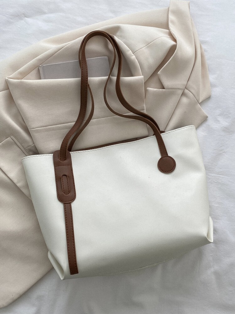 防水、轻便、商务休闲、大容量格子压花字母贴片细节单肩托特包，母亲节礼物，适合妈妈、少女、女大学生、新秀和白领工作者，非常适合办公室、大学、工作、商务、通勤 - 米色 - 查看 3