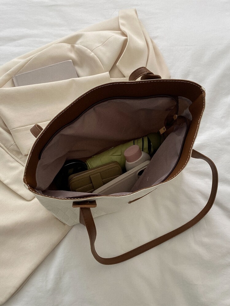 防水、轻便、商务休闲、大容量格子压花字母贴片细节单肩托特包，母亲节礼物，适合妈妈、少女、女大学生、新秀和白领工作者，非常适合办公室、大学、工作、商务、通勤 - 米色 - 查看 4