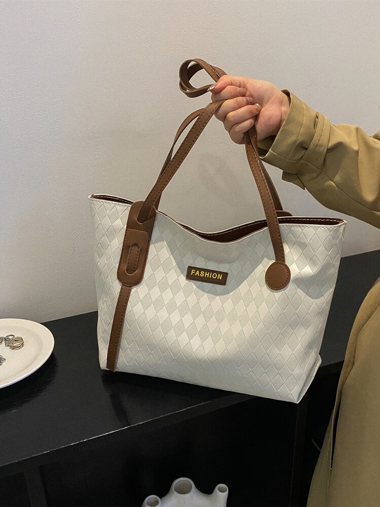 防水、轻便、商务休闲、大容量格子压花字母贴片细节单肩托特包，母亲节礼物，适合妈妈、少女、女大学生、新秀和白领工作者，非常适合办公室、大学、工作、商务、通勤 - 米色 - 查看 7