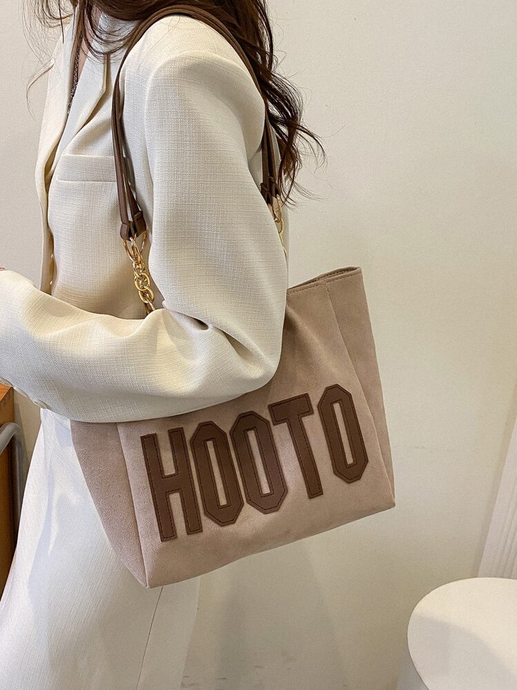 Letter Patch Detail Faux Suede Shoulder Tote Bag, Suede Bag Purse, Newest Fashionable Suede Bag For Women - Apricot - View 2