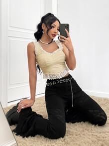 SHEIN ICON Contrast Lace Crop Tank Top - Apricot - View 3