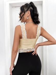 SHEIN ICON Contrast Lace Crop Tank Top - Apricot - View 2