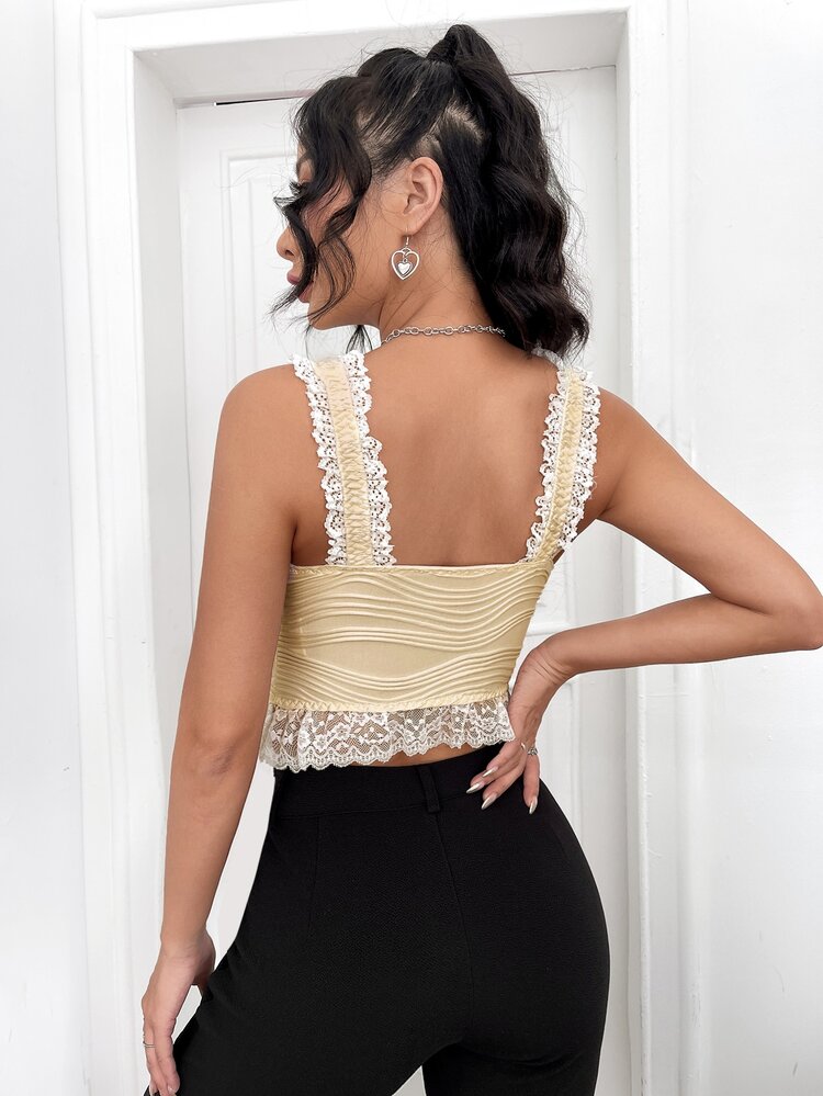 SHEIN ICON Top tank corto con encaje en contraste - Albaricoque - Añade 2