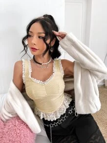 SHEIN ICON Contrast Lace Crop Tank Top - Apricot - View 4