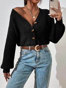 RosyDaze Cárdigan de punto acanalado con hombros caídos, tops de manga larga - Negro - Ver 1