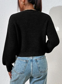 RosyDaze Cárdigan de punto acanalado con hombros caídos, tops de manga larga - Negro - Ver 2