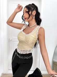 SHEIN ICON Contrast Lace Crop Tank Top - Apricot - View 7